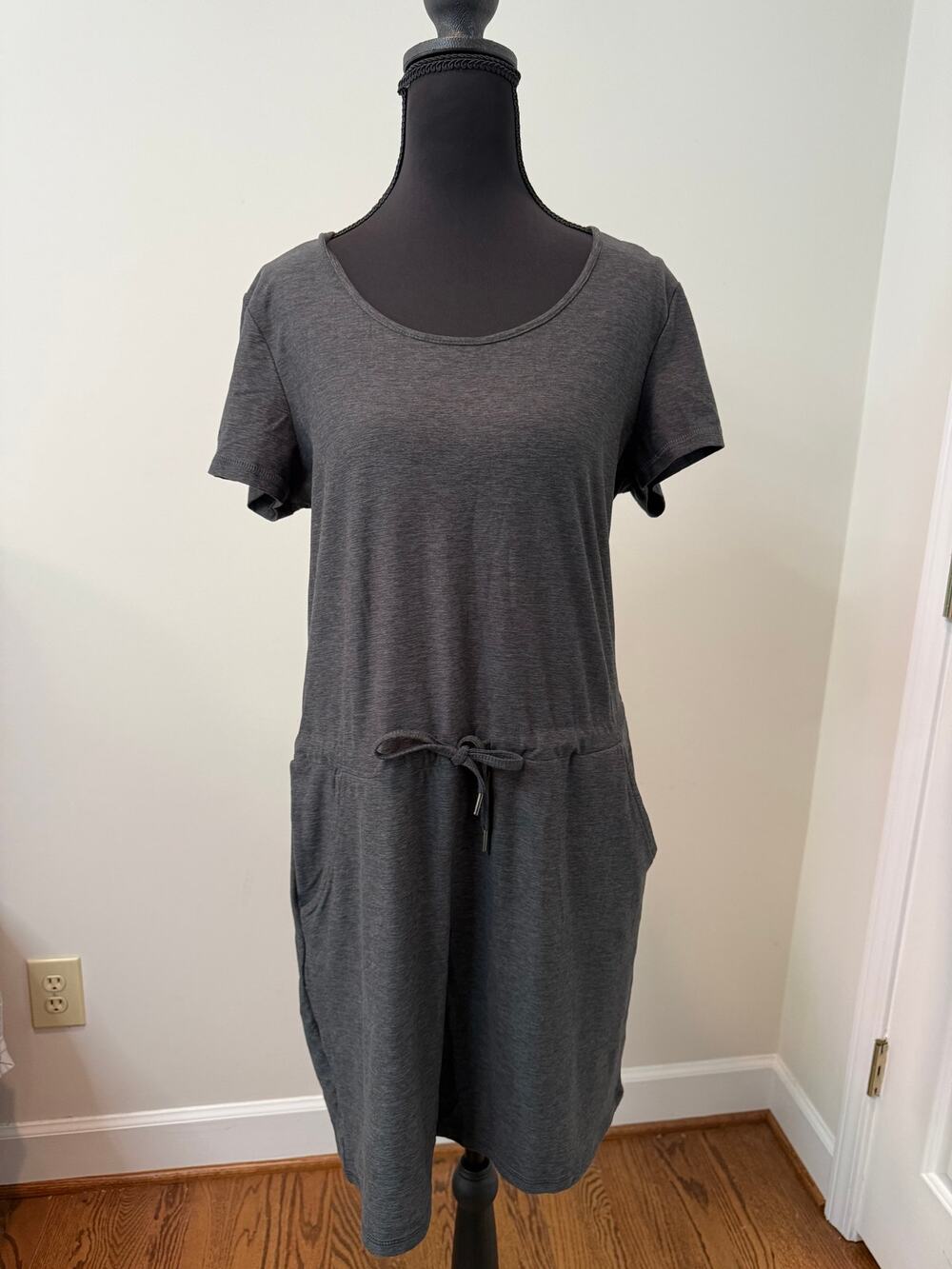 Kyodan Heather Gray Soft T-Shirt Dress with Side Pockets and Drawstring Waist